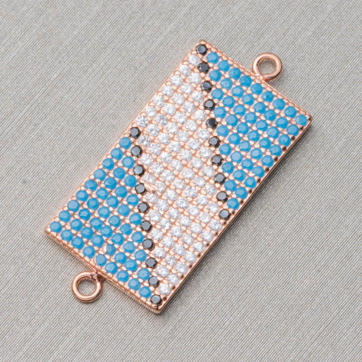 Connector Component Of 925 Silver With Paved Rectangle Zircons With 2 Rings 12x21mm 4pcs Rose Gold