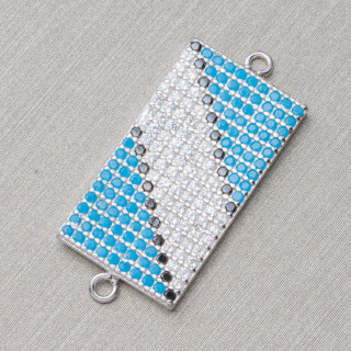 Connector Component Of 925 Silver With Paved Rectangle Zircons With 2 Rings 12x21mm 4pcs Rhodium Plated