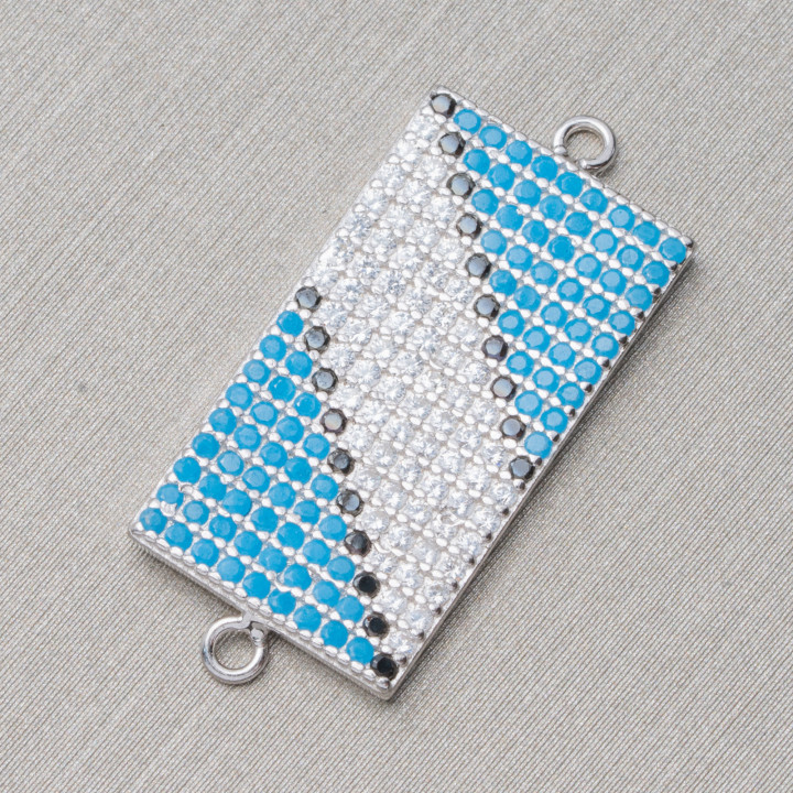 Connector Component Of 925 Silver With Paved Rectangle Zircons With 2 Rings 12x21mm 4pcs Rhodium Plated
