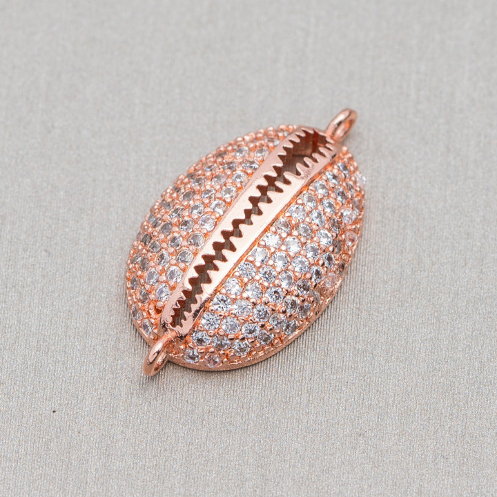 Componente Connettore Di Bronzo Con Zirconi Incastonati Conchiglia Con 2 Anellini 12x21mm 8pz Oro Rosa