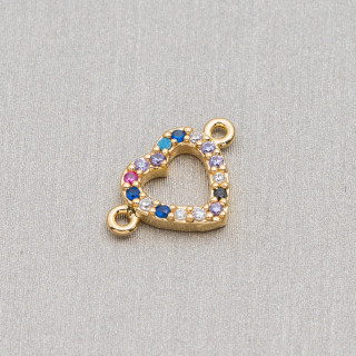 Verbindungselement Bronze mit mehrfarbigen Zirkonen Pavè Perforiertes Herz mit zwei Ringen 09x12mm 15St