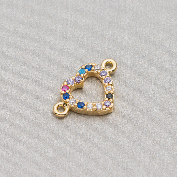 Conector Componente Bronce Con Circonitas Multicolor Pavè Corazón Perforado Con Dos Anillos 09x12mm 15pcs