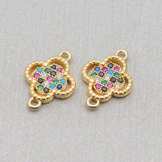 Verbindungselement Bronze Mit Mehrfarbigem Zirkon Pavè Vierblättriges Kleeblatt Eingefasst Mit Zwei Ringen 10x14mm 15Stk