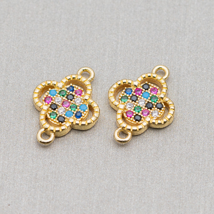 Componente Connettore Di Bronzo Con Zirconi Multicolor Pavè Quadrifoglio Bordato Con Due Anellini 10x14mm 15pz