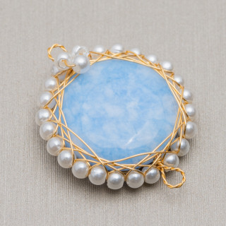 Stone Connector Component with Brass and Twisted Beads 6pcs 24-26mm Light Blue Jade