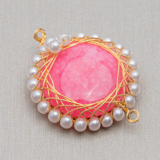 Stone Connector Component with Brass and Twisted Beads 6pcs 24-26mm Rhodochrosite Jade