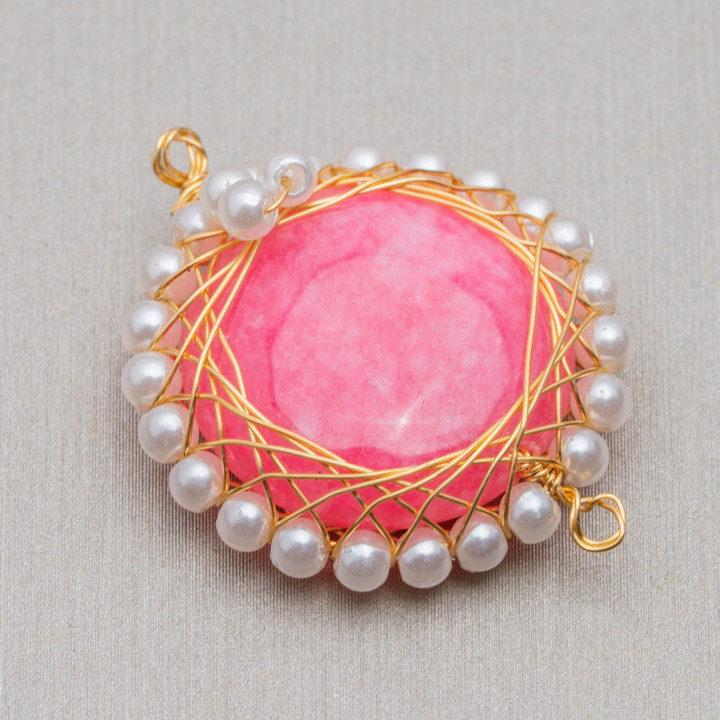 Stone Connector Component with Brass and Twisted Beads 6pcs 24-26mm Rhodochrosite Jade