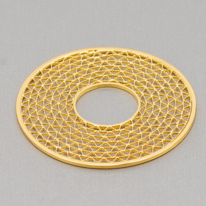 Componente Di Bronzo Cerchio Forato Con Decoro A Onde In Filigrana 40mm 5pz Dorato