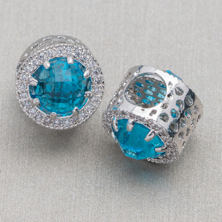 Composant Laiton Grand Trou Avec Cristaux Et Strass 11mm Trou 5.5mm 6pcs Rhodium Bleu Clair