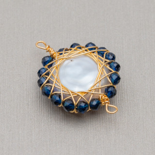 Componente Di Perle Di Fiume Con Pietre Diamond Cut Intrecciate 2pz 22-24mm Blu