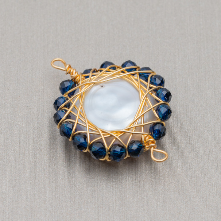 Freshwater Pearl Component With Intertwined Diamond Cut Stones 2pcs 22-24mm Blue