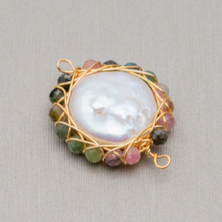 Freshwater Pearl Component With Intertwined Diamond Cut Stones 2pcs 22-24mm Tourmaline