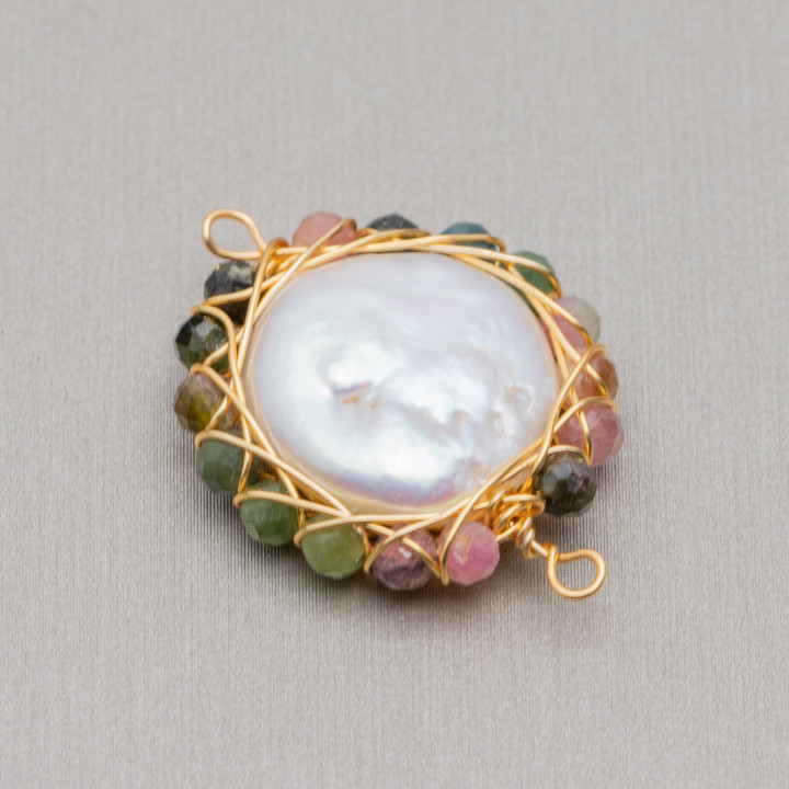 Freshwater Pearl Component With Intertwined Diamond Cut Stones 2pcs 22-24mm Tourmaline