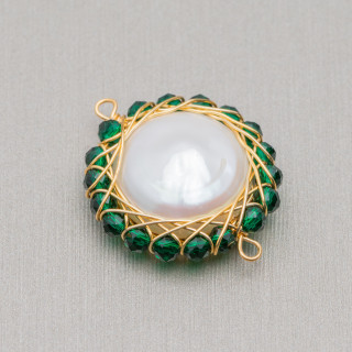 Componente de perlas de río con piedras de corte de diamante entrelazadas 2 piezas 22-24 mm verde