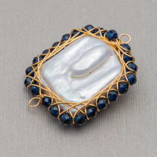 Componente Di Perle Di Fiume Con Pietre Diamond Cut Intrecciati 2pz 24x30mm Blu