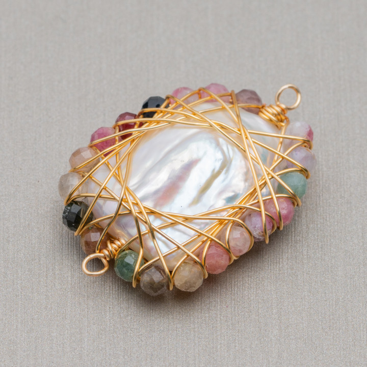 Composant de perles de rivière avec pierres taillées en diamant entrelacées 2pcs 24x30mm Tourmaline