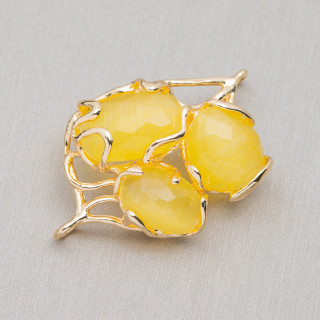 Bronze Intermediate Component With Cat's Eye 3 Stones 32x50mm Yellow
