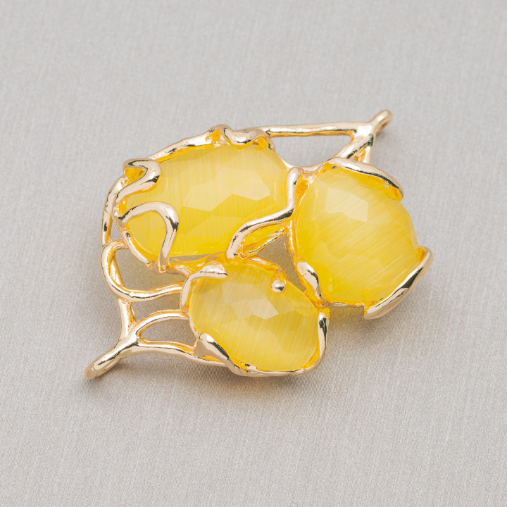 Bronze Intermediate Component With Cat's Eye 3 Stones 32x50mm Yellow