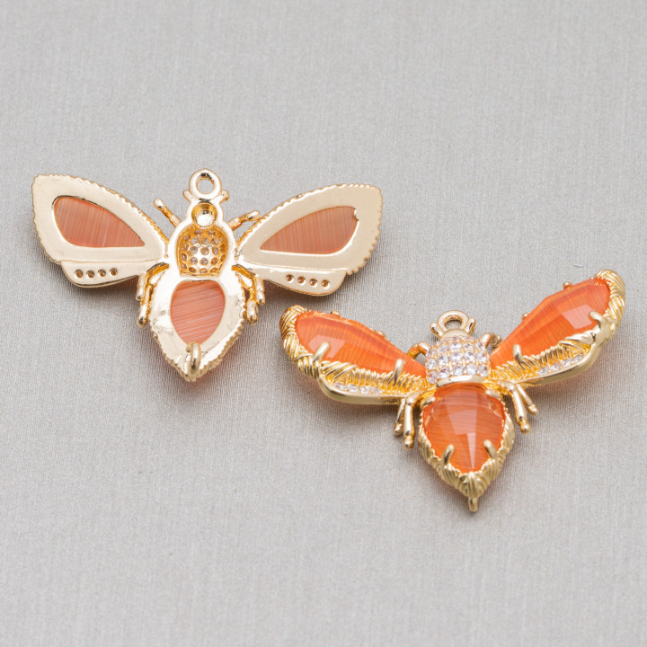 Componente Intermedio Bronce Con Abeja Ojo De Gato 32x20mm 4uds Naranja
