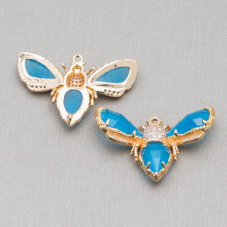 Χάλκινο Ενδιάμεσο Εξάρτημα Με Cat's Eye Bee 32x20mm 4τμχ Ανοιχτό Μπλε