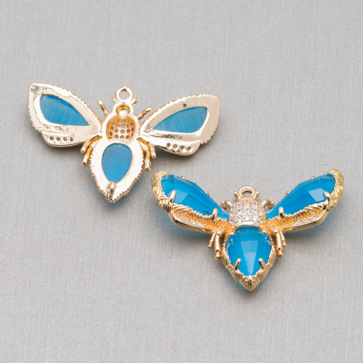 Χάλκινο Ενδιάμεσο Εξάρτημα Με Cat's Eye Bee 32x20mm 4τμχ Ανοιχτό Μπλε