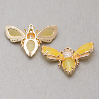 Componente Intermedio Bronce Con Abeja Ojo De Gato 32x20mm 4pcs Amarillo