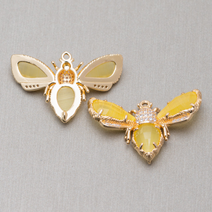 Bronze Intermediate Component With Cat's Eye Bee 32x20mm 4pcs Yellow