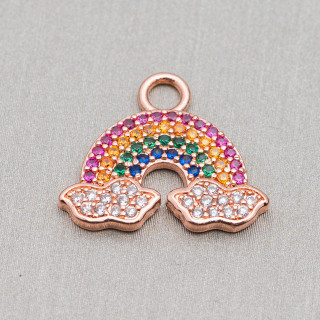 Komponenten-Anhänger Bronze mit mehrfarbigem Zirkonia, Regenbogen-Pavè mit Wolken, 17 x 19 mm, 10 Stk. Roségold