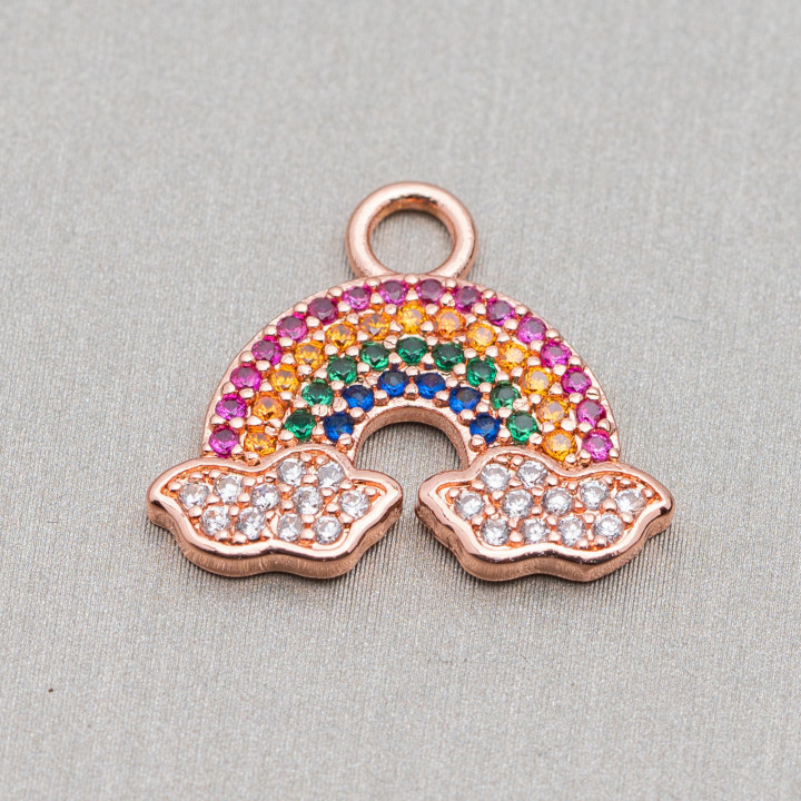Componente Colgante Bronce Con Zirconia Cúbica Multicolor Arco Iris Pavé Con Nubes 17x19mm 10 Piezas Oro Rosa