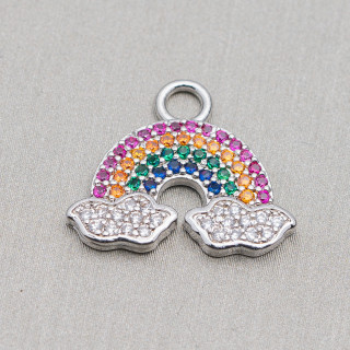 Komponenten-Anhänger Bronze mit mehrfarbigem Zirkonia, Regenbogen-Pavè mit Wolken, 17 x 19 mm, 10 Stk., Rhodium