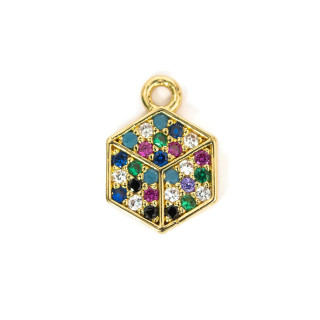 Χάλκινο Κρεμαστό Εξάρτημα Με Πολύχρωμα Ζιργκόν Pavé Flat Cube With A Ring 08x11mm 15τμχ
