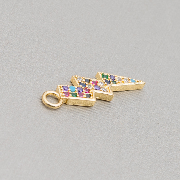 Componente Pendente Di Bronzo Con Zirconi Multicolor Pavè Fulmine Con Un Anellino 08x26mm 15pz Dorato