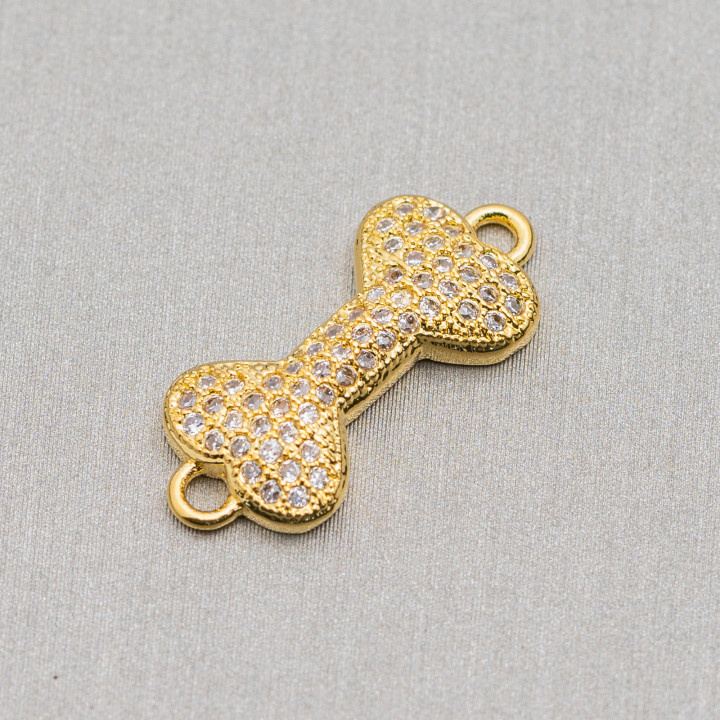 Brass Components With Zircons Bone 09x16mm 6pcs Golden