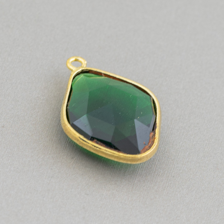 Connettore Componente Cabochon Incastonato Di Cristalli Rombo 17x22mm Con 1 Anellino 10pz Dorato Verde Smeraldo