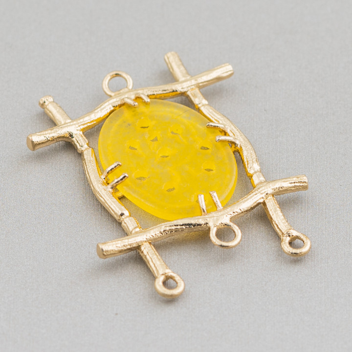 Connettore Componente Cabochon Incastonato Di Giada Burma Ovale 28x38mm 10pz Dorato Giallo