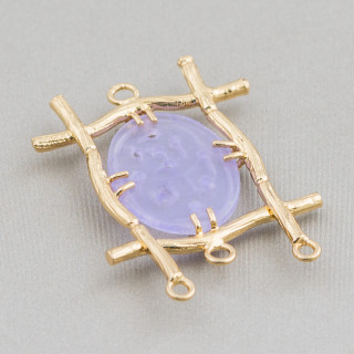 Connettore Componente Cabochon Incastonato Di Giada Burma Ovale 28x38mm 10pz Dorato Lilla