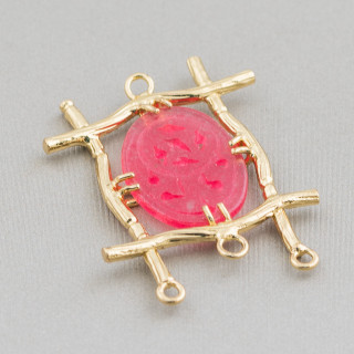 Connettore Componente Cabochon Incastonato Di Giada Burma Ovale 28x38mm 10pz Dorato Rosso