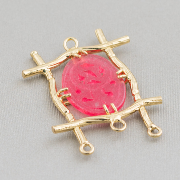 Conector de componente de cabujón de jade birmano ovalado 28x38mm 10 piezas rojo dorado