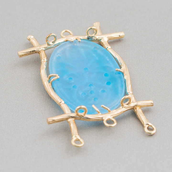 Connettore Componente Cabochon Incastonato Di Giada Burma Ovale 30x47mm 8pz Dorato Celeste