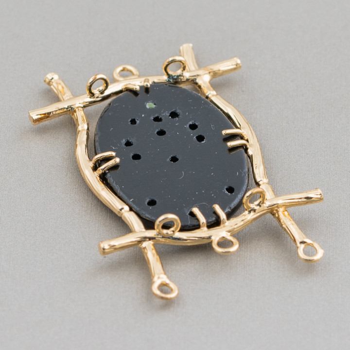 Cabochon Component Connector Σετ σε Burma Jade Oval 30x47mm 8τμχ Χρυσό Μαύρο