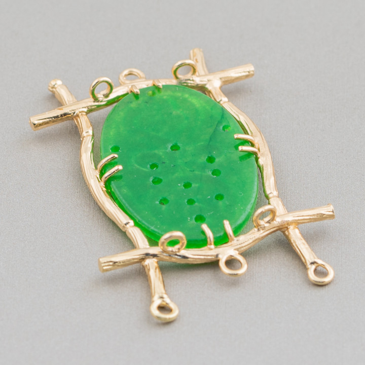 Juego de conectores de componente de cabujón de jade birmano ovalado 30x47 mm 8 piezas verde dorado