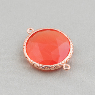 20mm Round Cat's Eye Brass Component Connector with 2 Rings 10pcs Rose Gold Orange