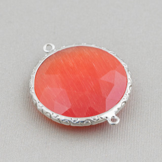 Connecteur de composant en laiton oeil de chat rond de 25 mm avec 2 anneaux 10pcs plaqué rhodium orange