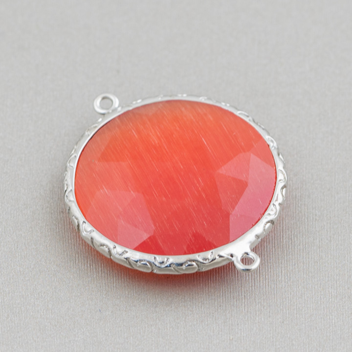 25 mm runder Katzenauge-Messing-Komponentenverbinder mit 2 Ringen, 10 Stück, orange, rhodiniert