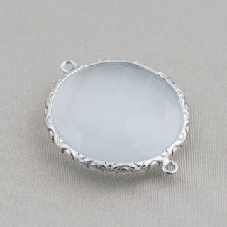 Connecteur de composant rond en laiton oeil de chat de 25 mm avec 2 anneaux 10pcs plaqué rhodium blanc