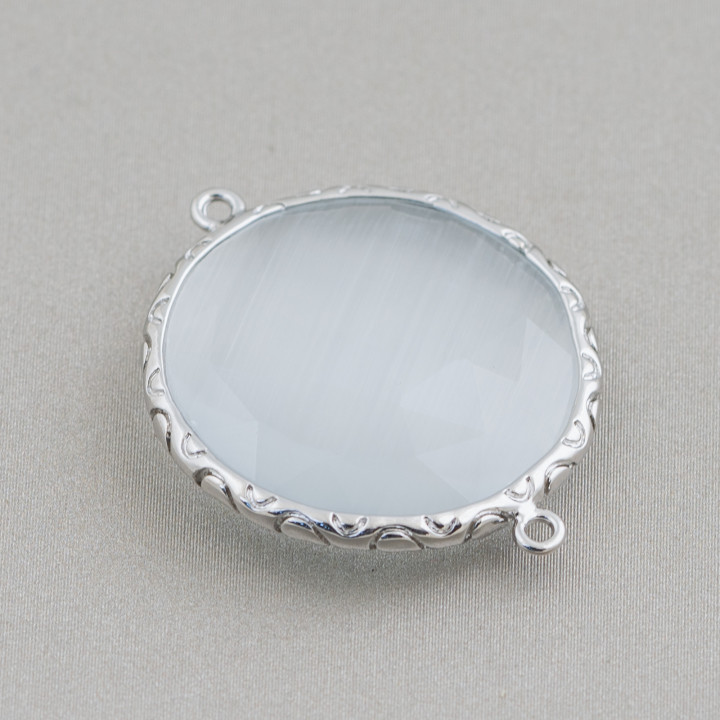 Connecteur de composant rond en laiton oeil de chat de 25 mm avec 2 anneaux 10pcs plaqué rhodium blanc