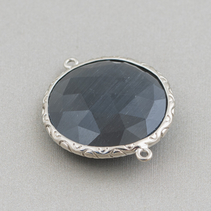 Connettore Componente Di Ottone Di Occhio Di Gatto Tondo 25mm Con 2 Anellini 10pz Rodiato Grigio Scuro