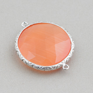 25mm Round Cat's Eye Brass Component Connector with 2 Rings 10pcs Rhodium Plated Peach