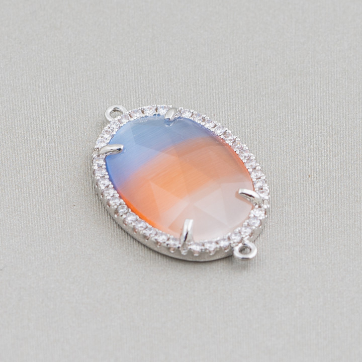 Connettore Componente Di Ottone Con Cristalli Incastonati E Zirconi 15x20mm 10pz Blu Arancio Bianco Rodiato