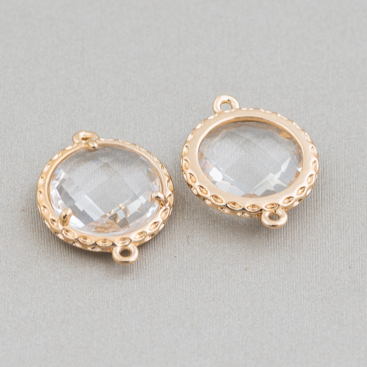 Messing-Komponentenverbinder mit eingebetteten Kristallen, rund, 14 mm, 20 Stück, transparent, golden